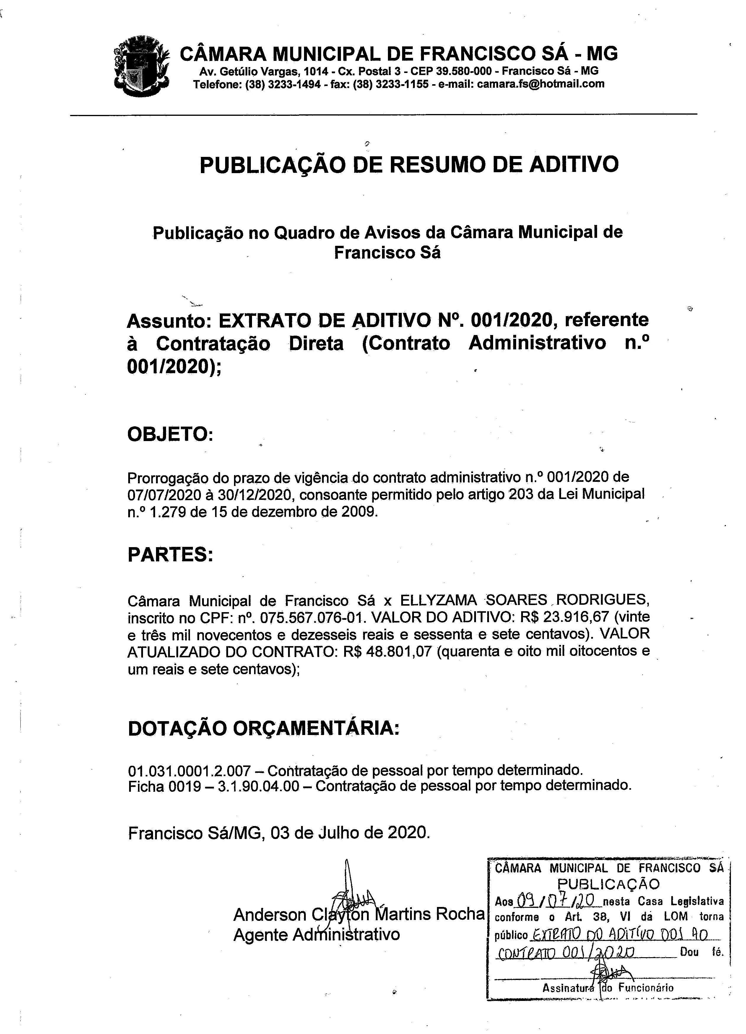 Extrato Aditivo 001 - CTR N.º 001/2020 (Direta - Secretário Executivo)