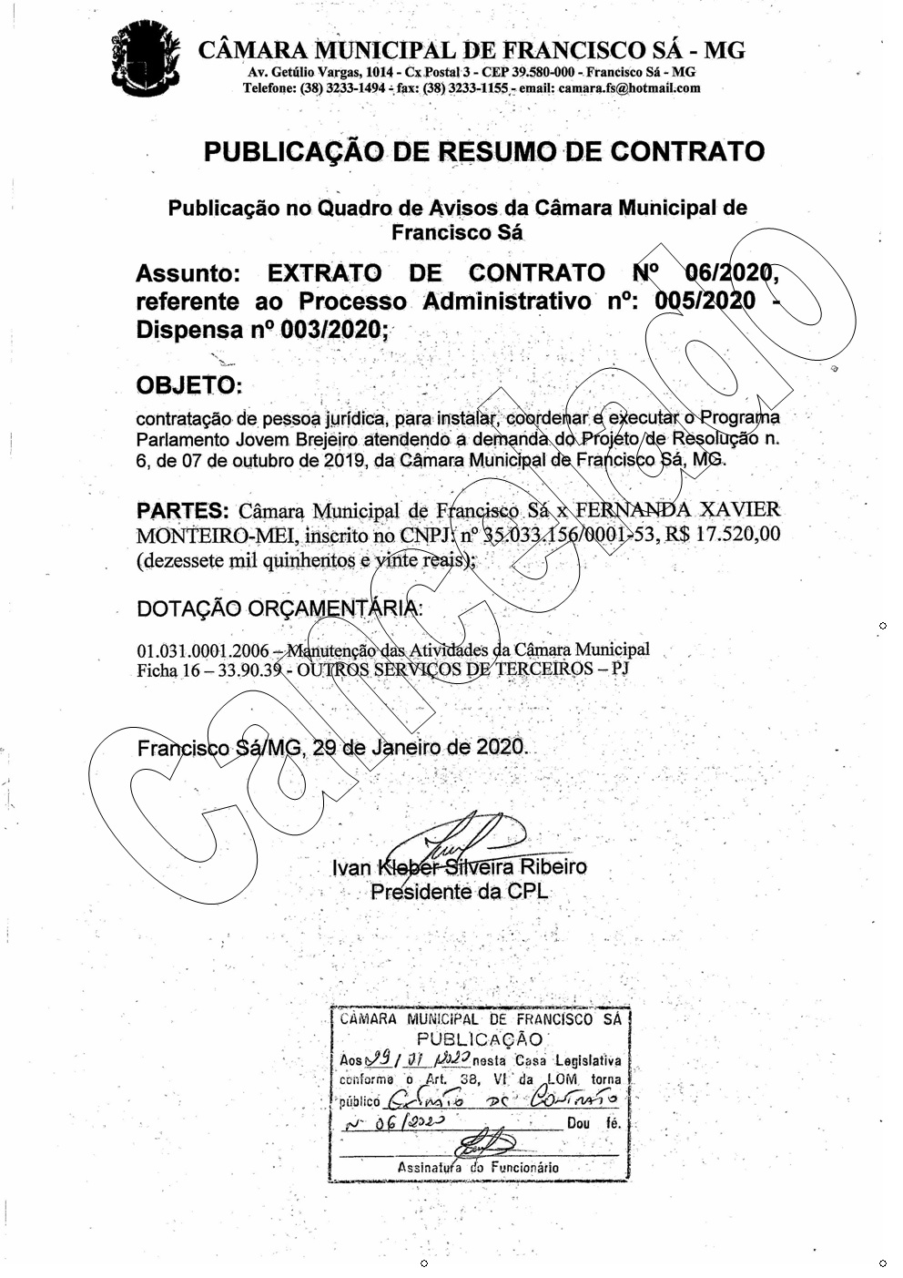 Extrato CTR N.º 006/2020 (PL 005/2020 Disp. 003/2020 - Parlamento Jovem) CANCELADO