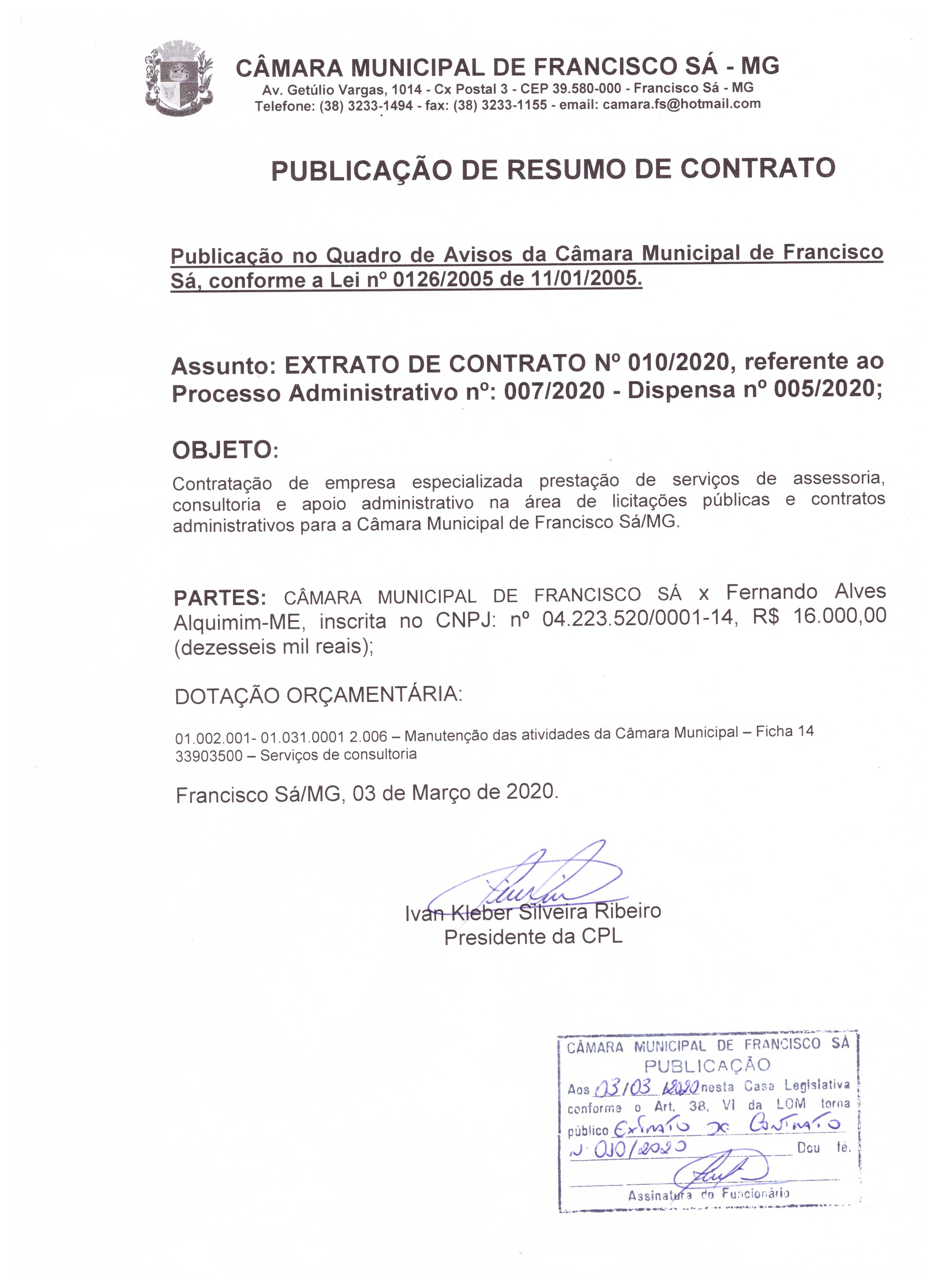 Extrato CTR N.º 010/2020 (PL 007/2020 Disp. 005/2020 - Assessoria Licitações)