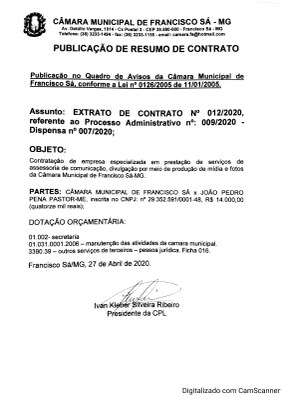 Extrato CTR N.º 012/2020 (PL 009/2020 Disp. 007/2020 - Assessoria Comunicação)