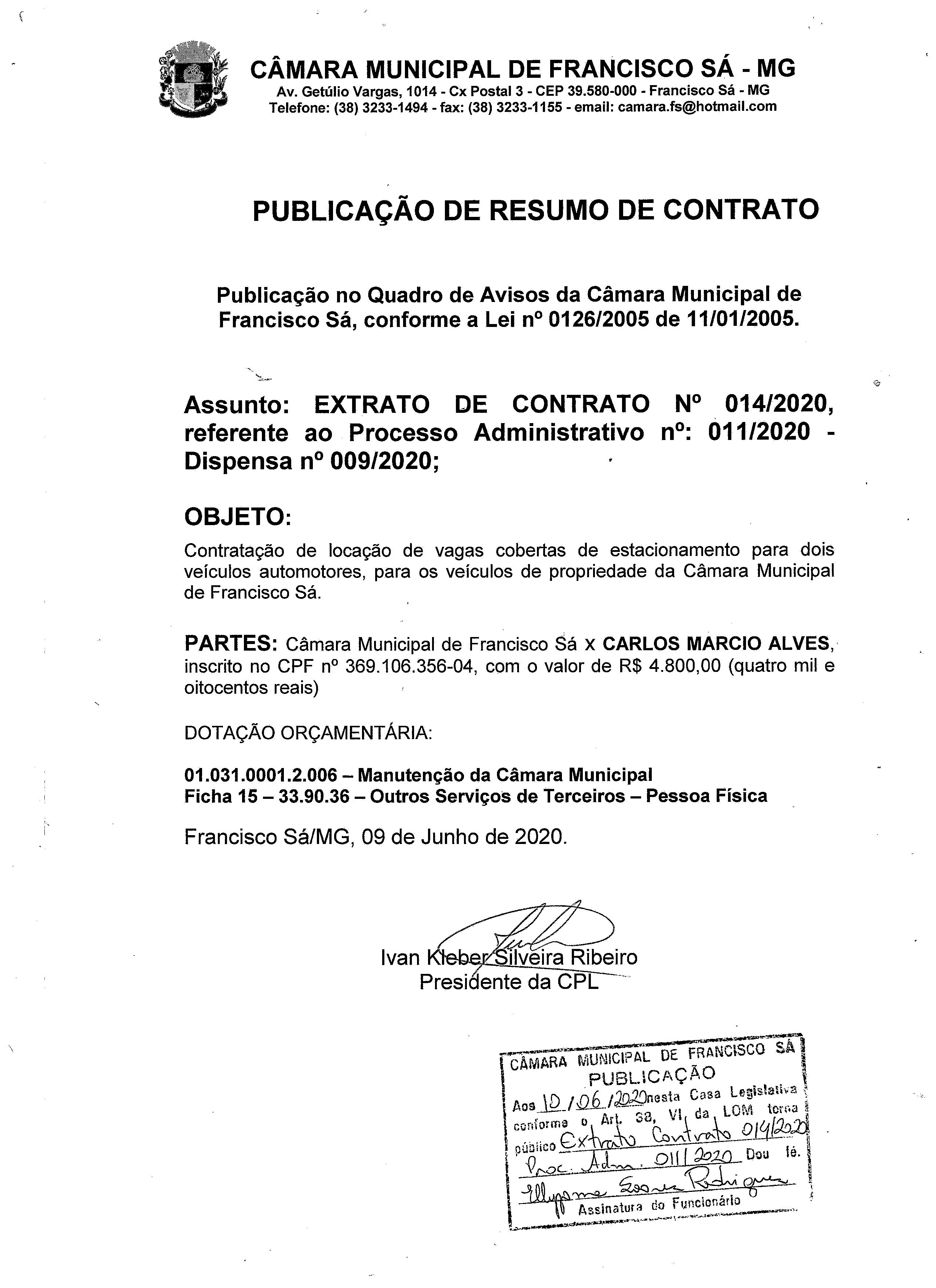 Extrato CTR N.º 014/2020 (PL 011/2020 Disp. 009/2020 - Serviço de Garagem)