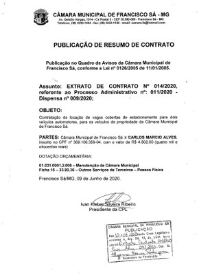 Extrato CTR N.º 014/2020 (PL 011/2020 Disp. 009/2020 - Serviço de Garagem)