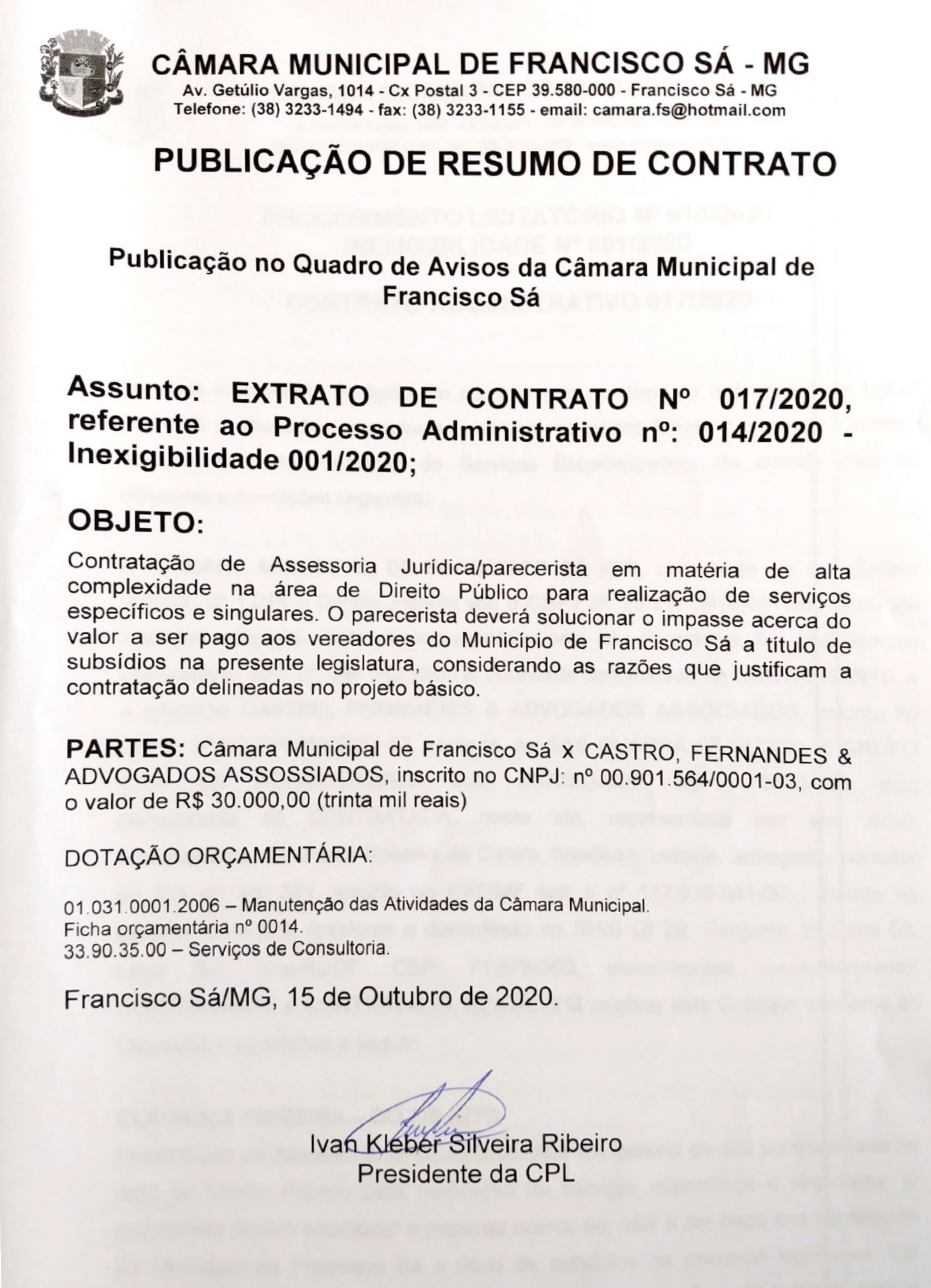 Extrato CTR N.º 017/2020 (PL 014/2020 Inexig. 001/2020 - Contratação de Assessoria Jurídica Parecerista)