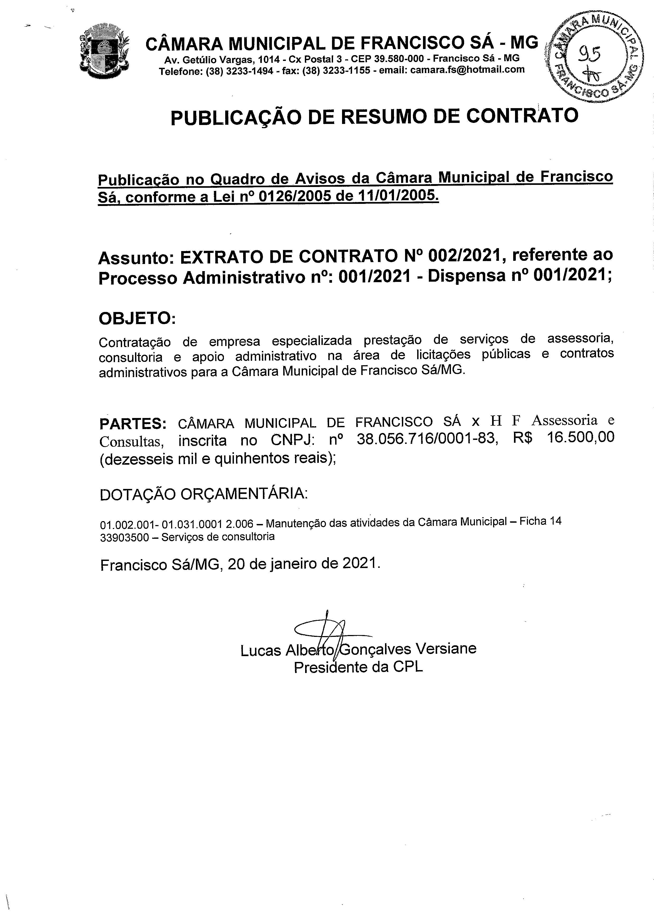 Extrato CTR N.º 002/2021 (PL 001/2021 Disp. 001/2021 - Assessoria em Licitações)