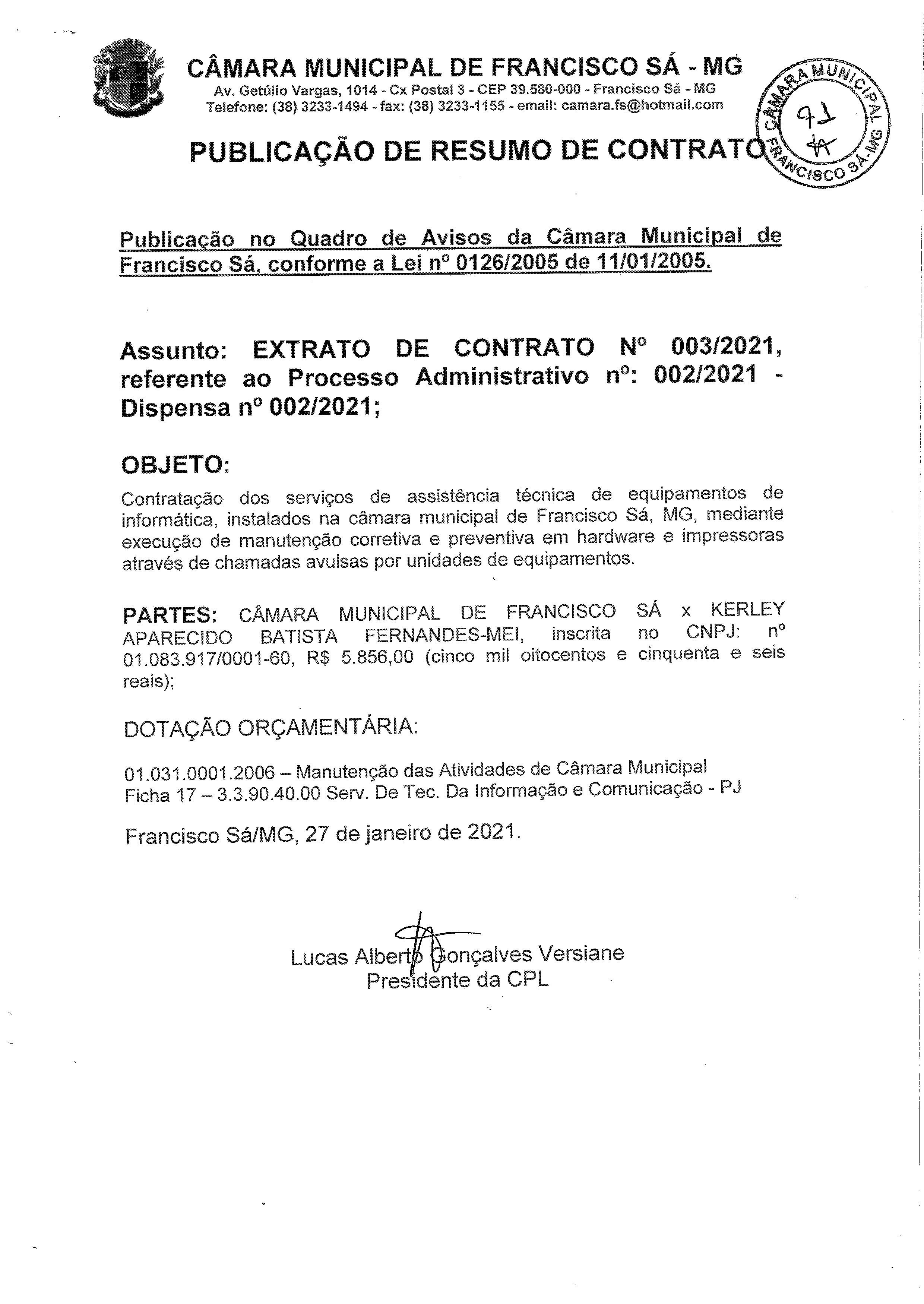 Extrato CTR N.º 003/2021 (PL 002/2021 Disp. 002/2021 - Assistência Técnica Informática)