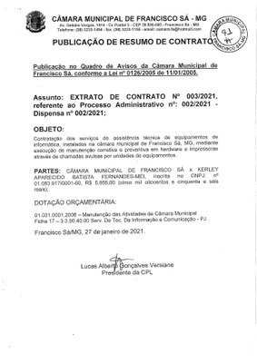 Extrato CTR N.º 003/2021 (PL 002/2021 Disp. 002/2021 - Assistência Técnica Informática)