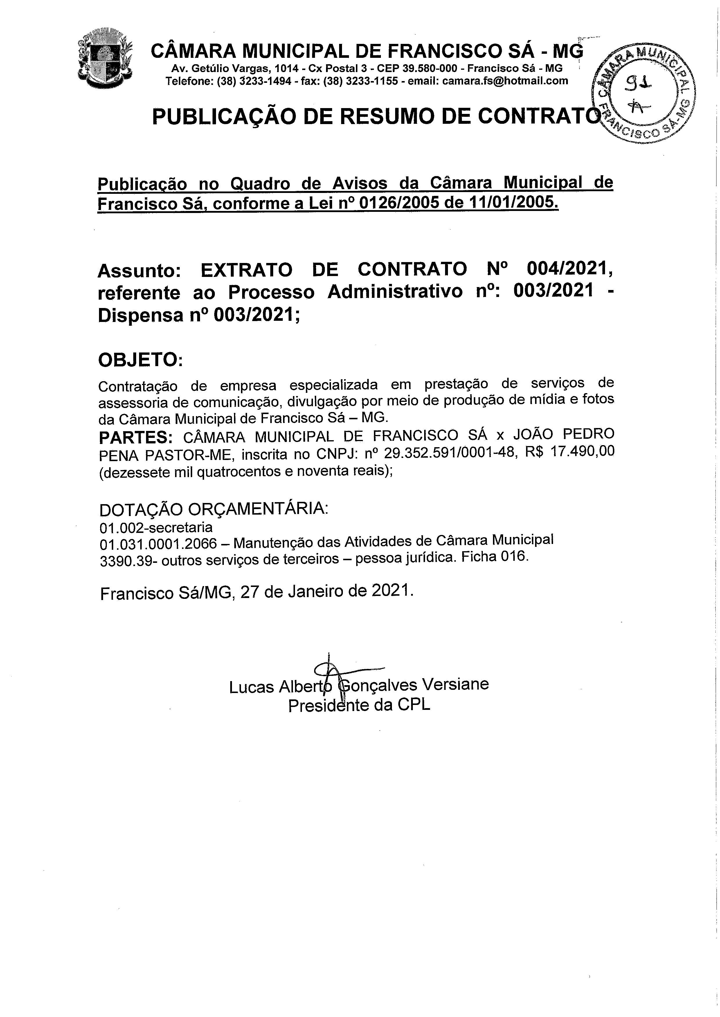 Extrato CTR N.º 004/2021 (PL 003/2021 Disp. 003/2021 - Assessoria em Comunicação)