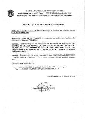 Extrato CTR N.º 007/2021 (PL 006/2021 Disp. 006/2021 - Publicações de Grande Circulação)