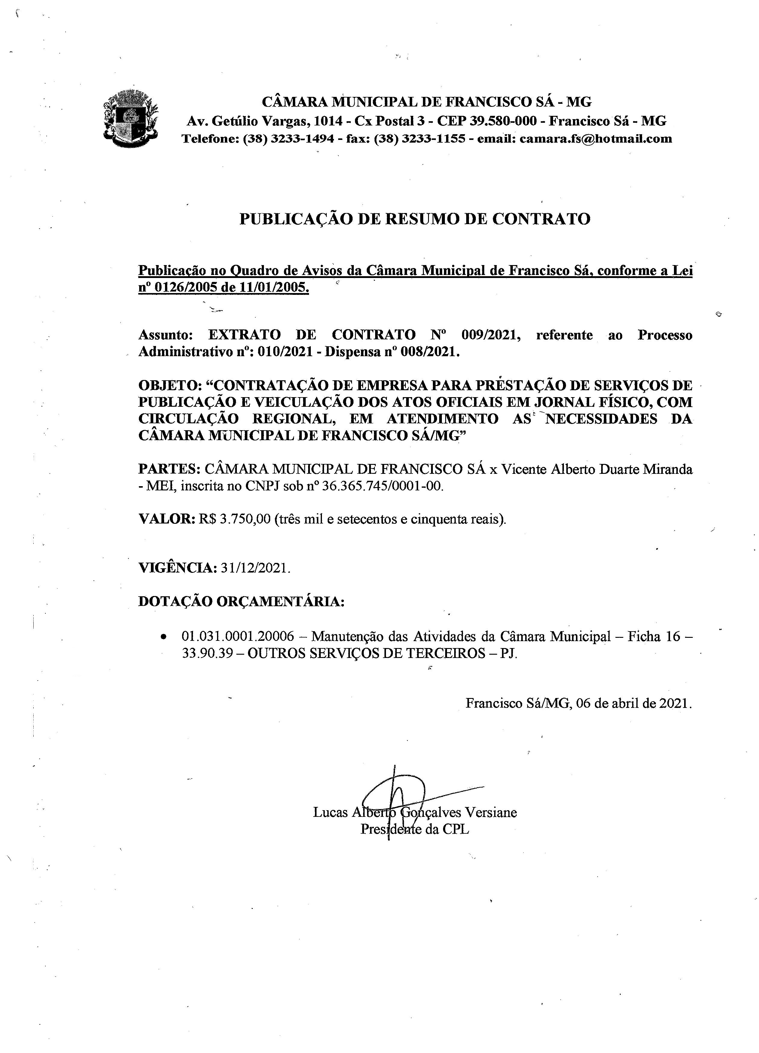 Extrato CTR N.º 009/2021 (PL 010/2021 Disp. 008/2021 - Publicações de Circulação Regional)