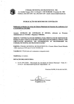 Extrato CTR N.º 009/2021 (PL 010/2021 Disp. 008/2021 - Publicações de Circulação Regional)