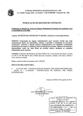 Extrato CTR N.º 026/2021 (Direta - Agente Administrativo)