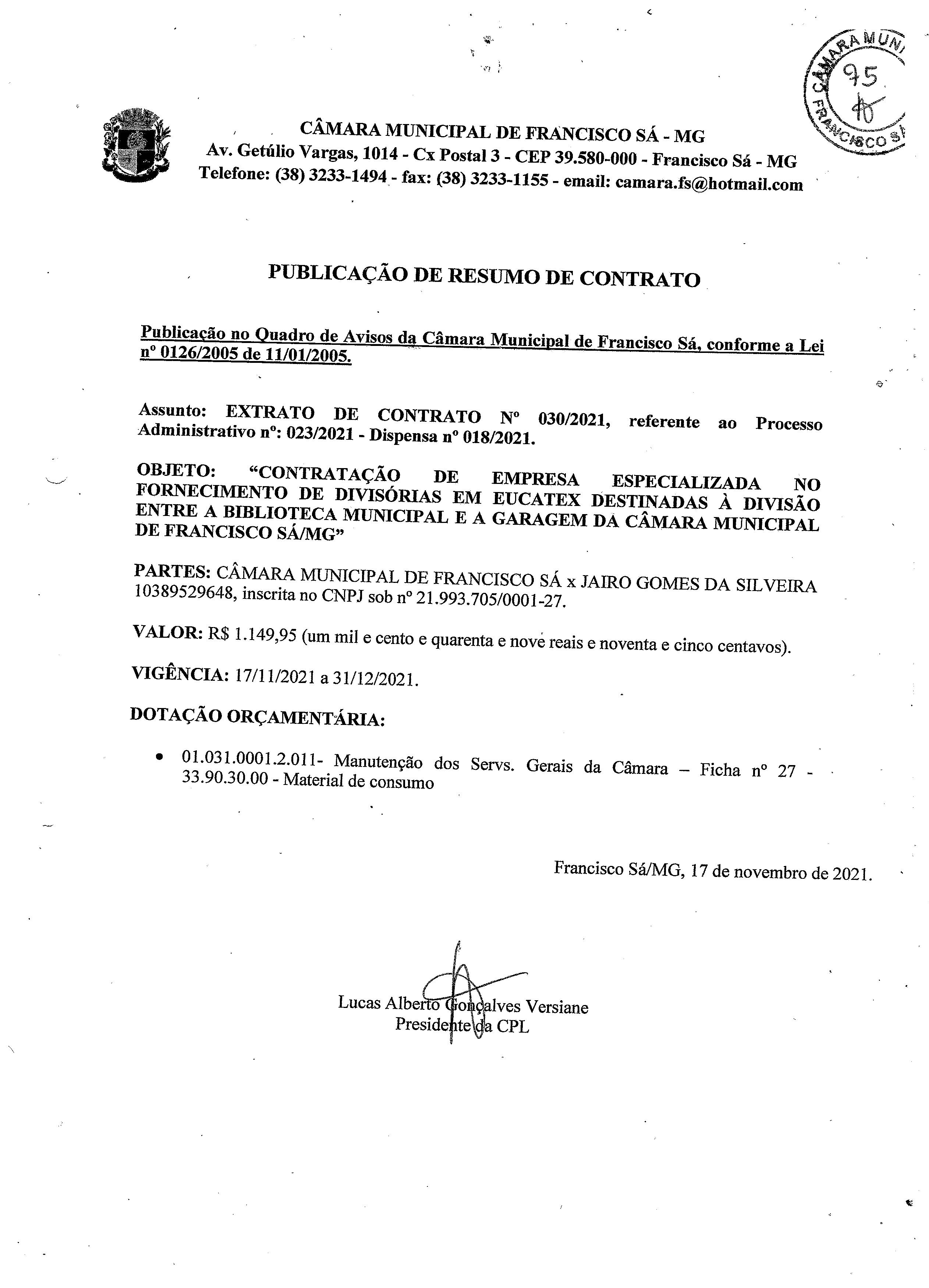 Extrato CTR N.º 030/2021 (PL 023/2021 Disp. 018/2021 - Fornecimento de divisórias de Eucatex)