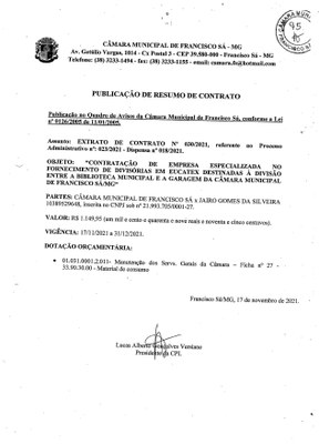 Extrato CTR N.º 030/2021 (PL 023/2021 Disp. 018/2021 - Fornecimento de divisórias de Eucatex)