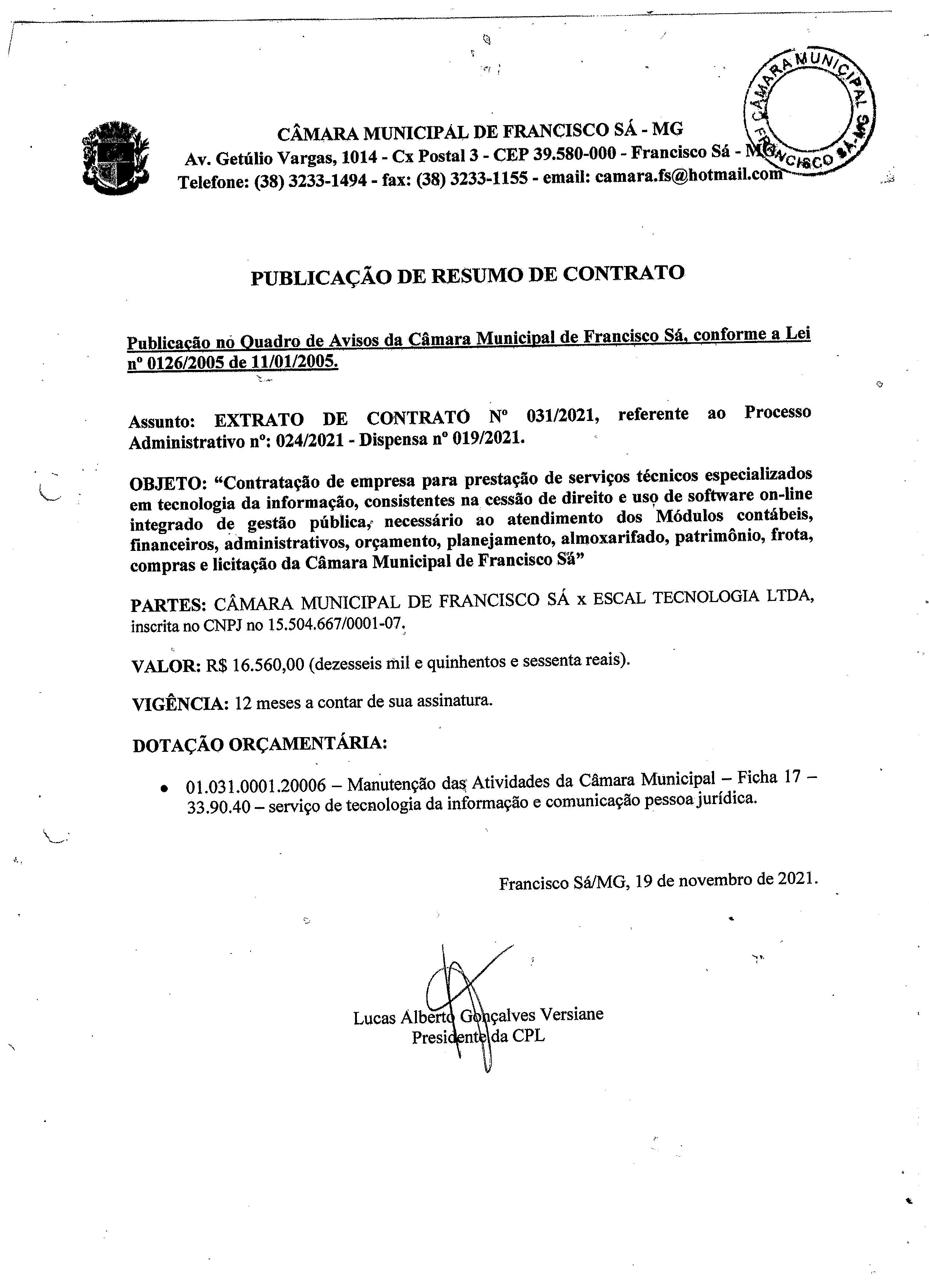 Extrato CTR N.º 031/2021 (PL 024/2021 Disp. 019/2021 - Cessão de Direito de Uso de Software On-line)