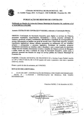 Extrato CTR N.º 033/2021 (Direta - Secretário Executivo)