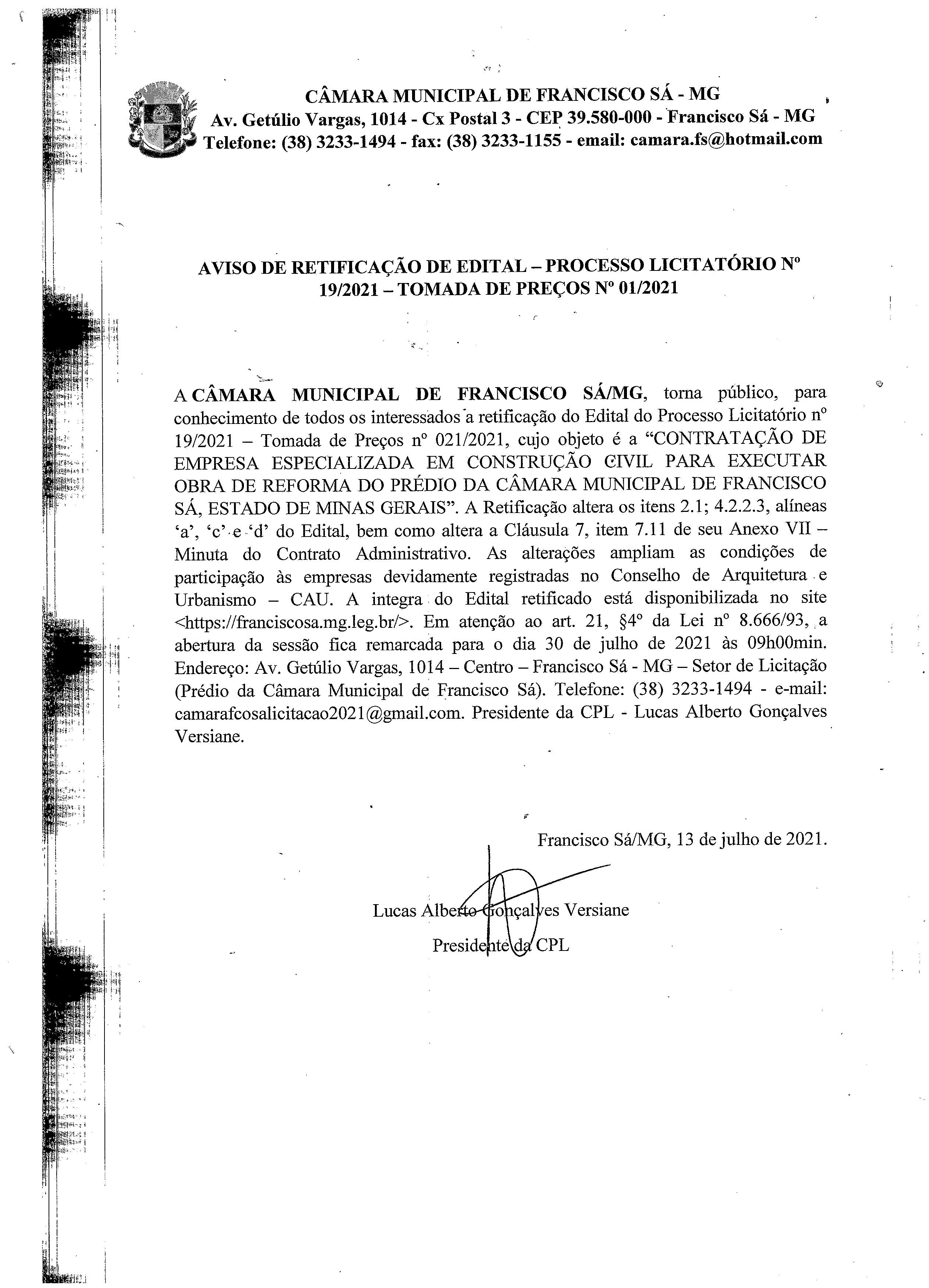 Aviso de Retificação do Edital PL N.º 19 - TP N.º 01/2021 (Obra)