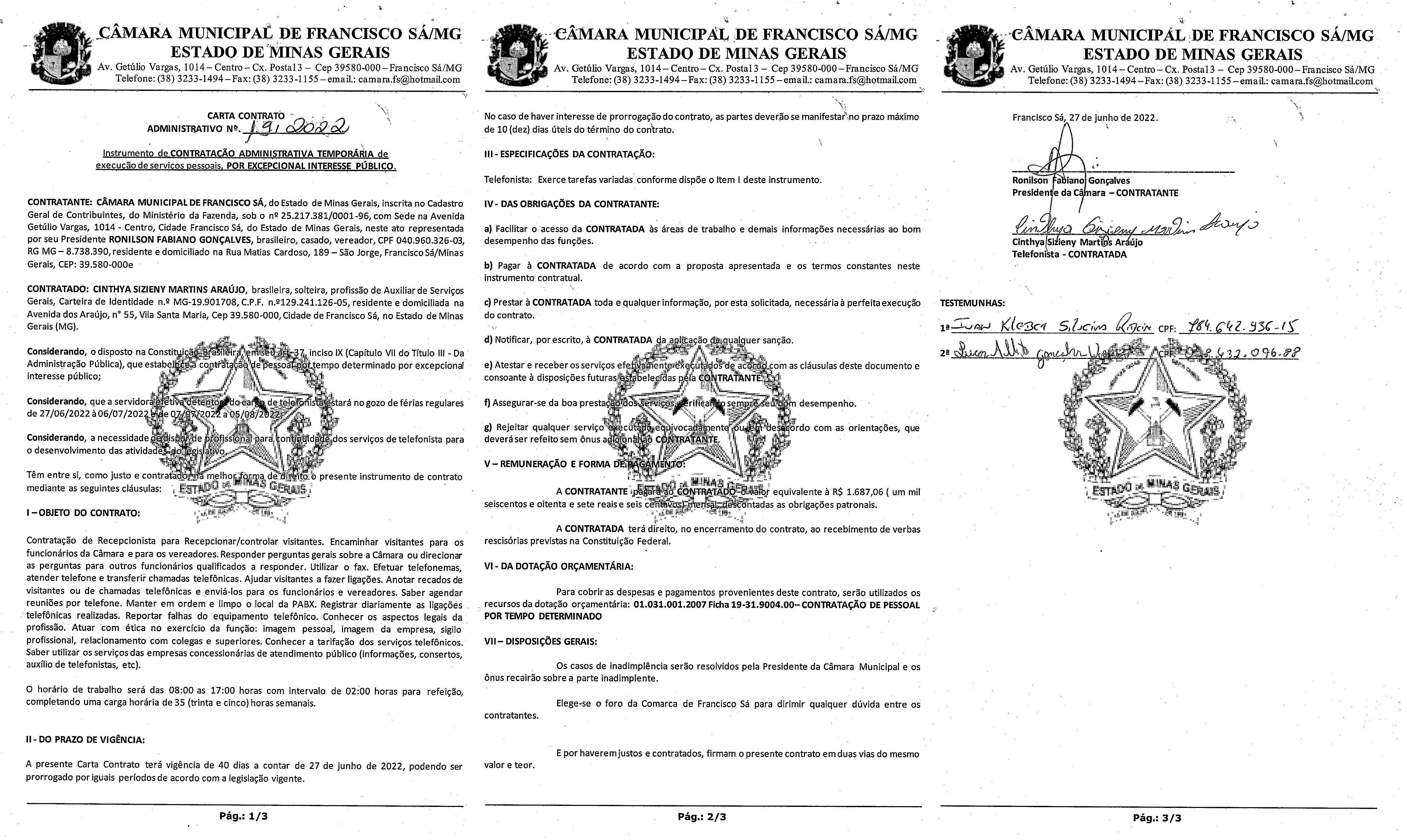 Cópia CTR N.º 019/2022 (Direta - Serviço de Limpeza)