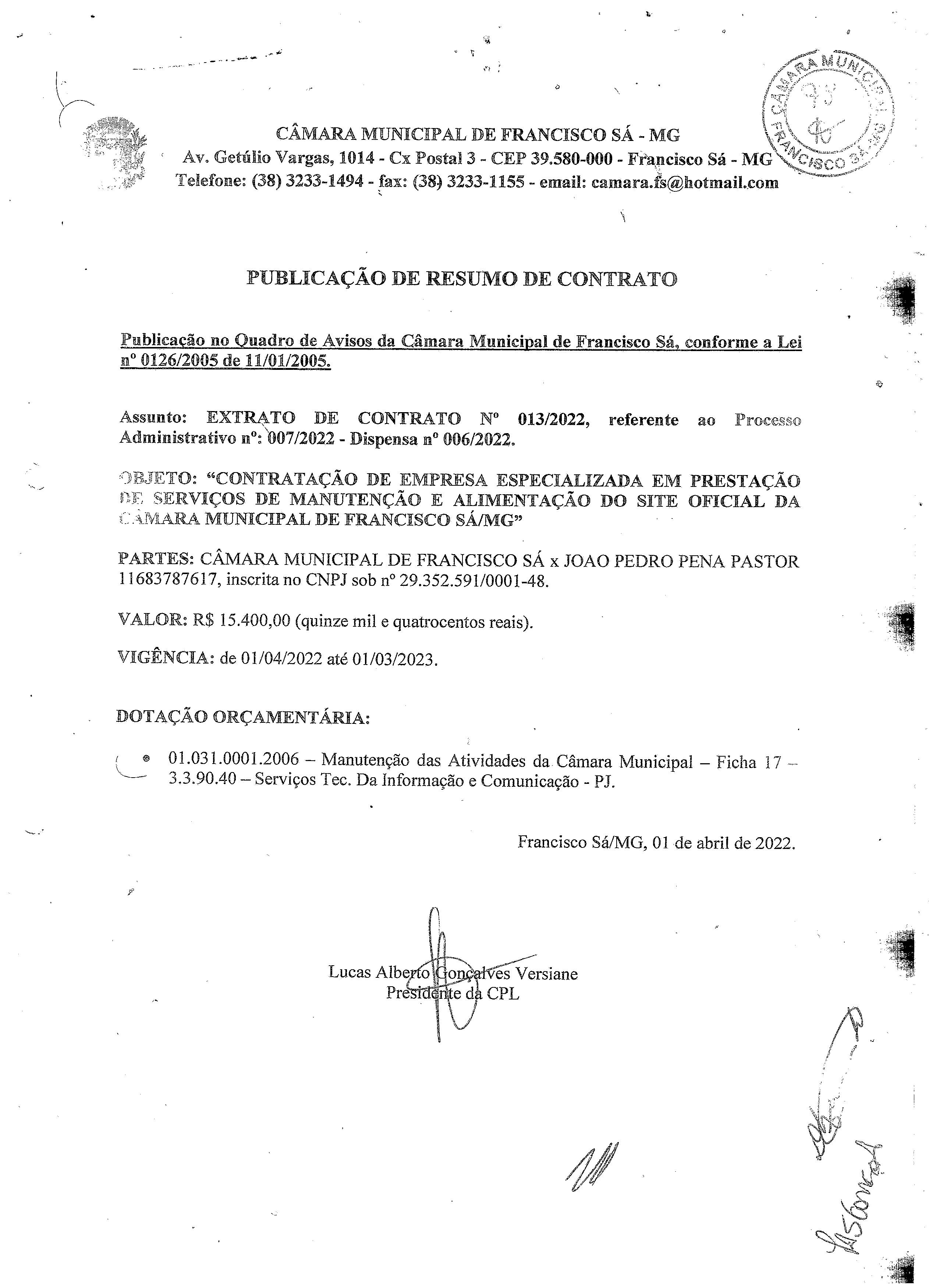 Extrato CTR N.º 013/2022 (PL 007/2022 Disp. 006/2022 - Manutenção e alimentação do site da Câmara)