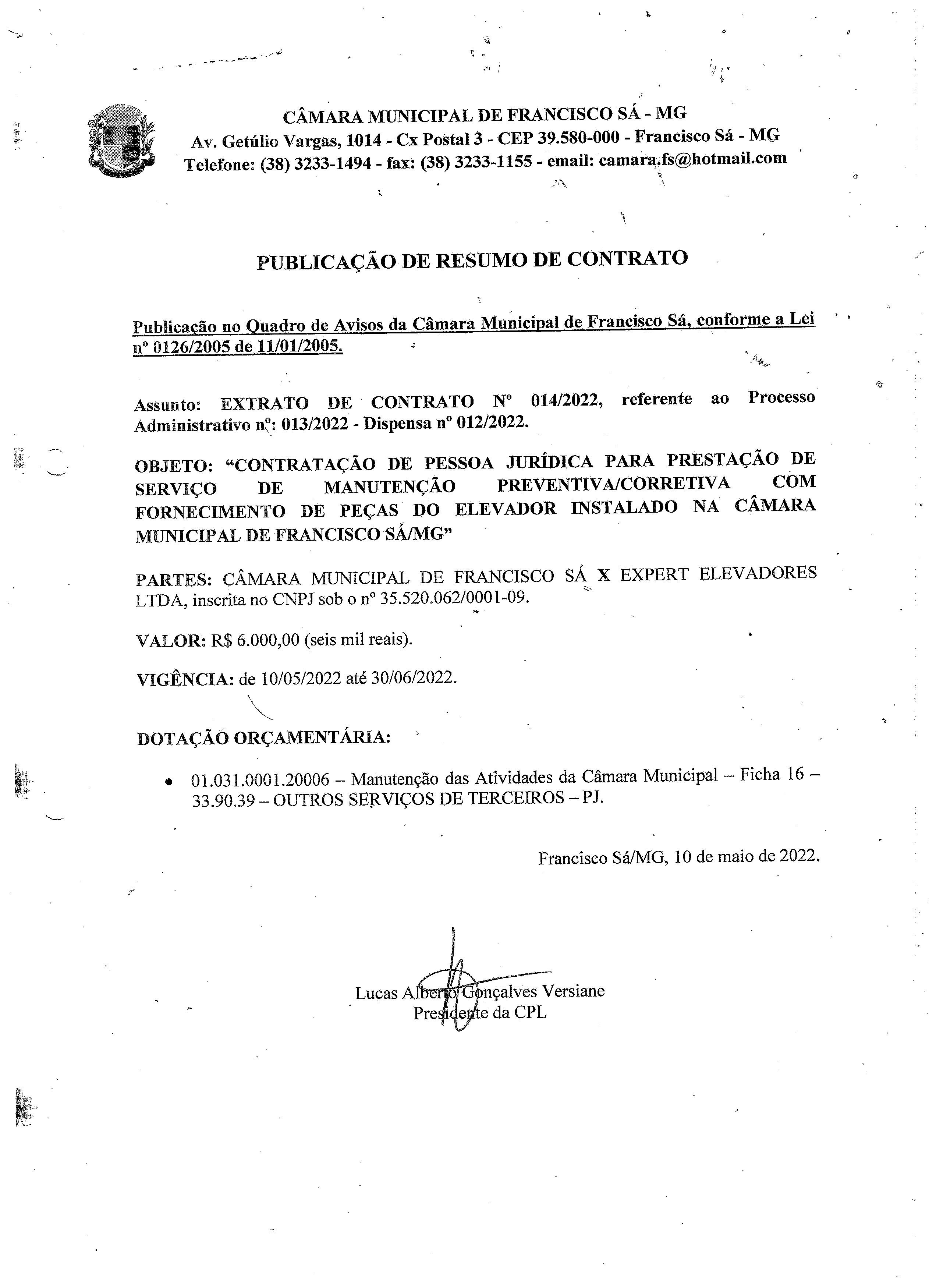 Extrato CTR N.º 014/2022 (PL 013/2022 Disp. 012/2022 - Manutenção do Elevador)