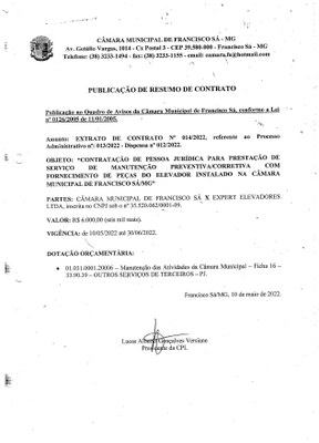 Extrato CTR N.º 014/2022 (PL 013/2022 Disp. 012/2022 - Manutenção do Elevador)