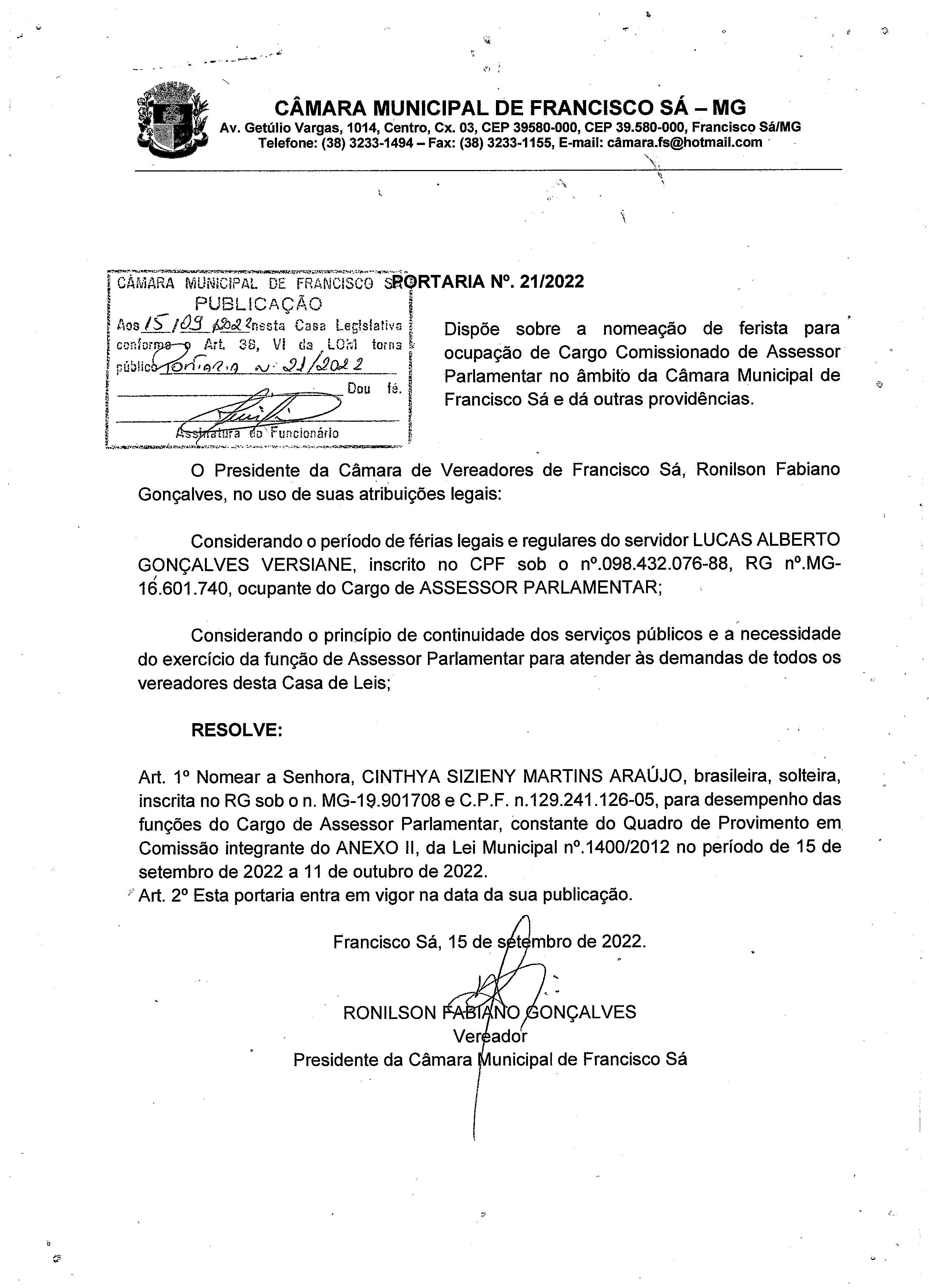 Extrato PRT N.º 021/2022 (Direta - Assessor Parlamentar)