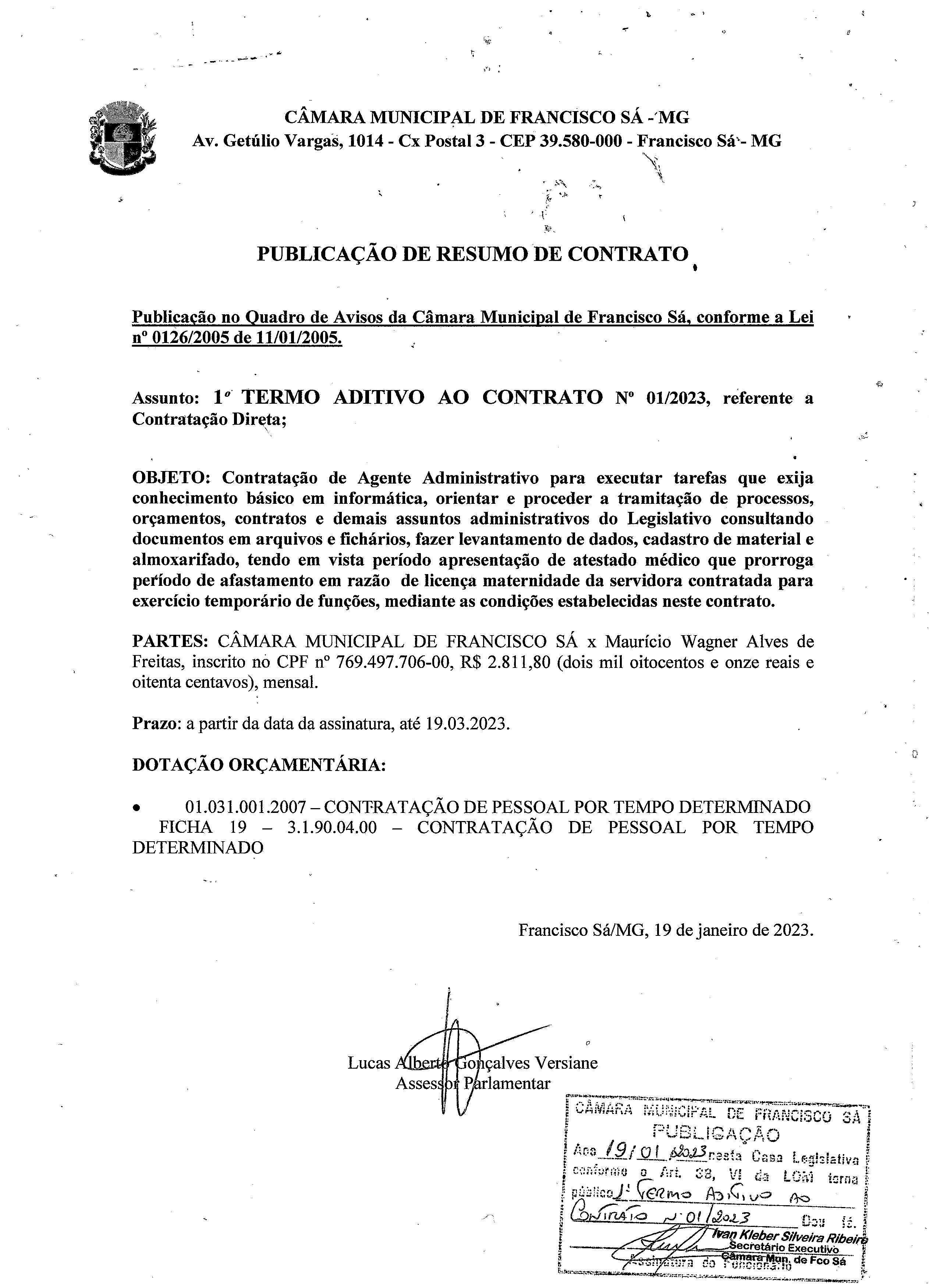 Extrato ADT N.º 001 CTR 001/2023 (Direta - Agente Administrativo)