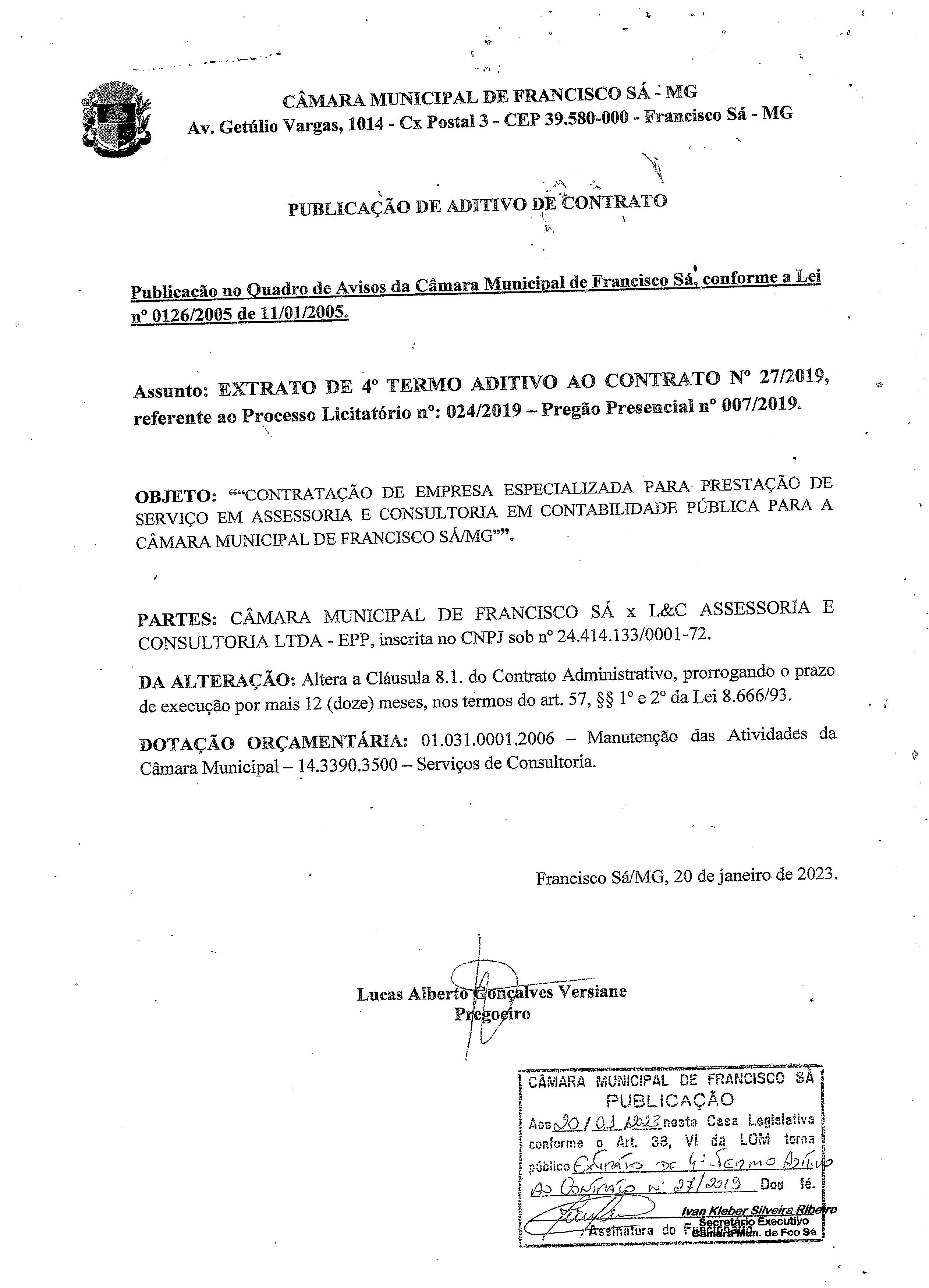 Extrato ADT N.º 004 CTR Nº 027/2019 (PL 024/2019 PP. 007/2019 - Assessoria Contábil)