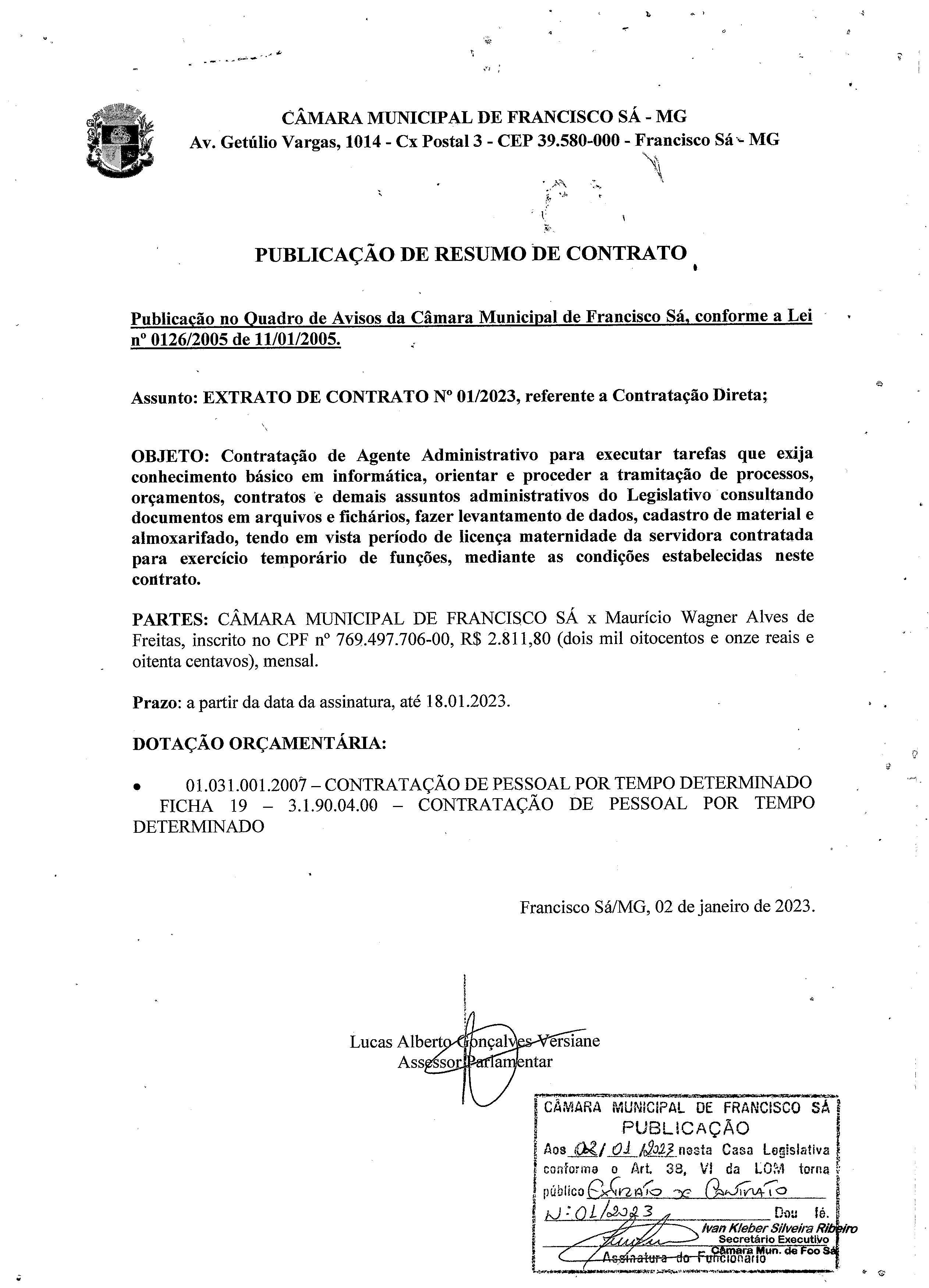 Extrato CTR N.º 001/2023 (Direta - Agente Administrativo)