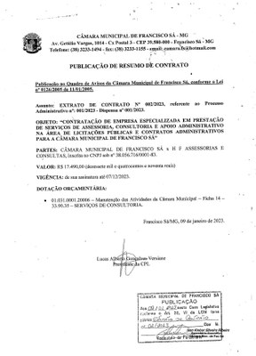 Extrato CTR N.º 002/2023 (PL 001/2023 Disp. 001/2023 - Assessoria em Licitações)