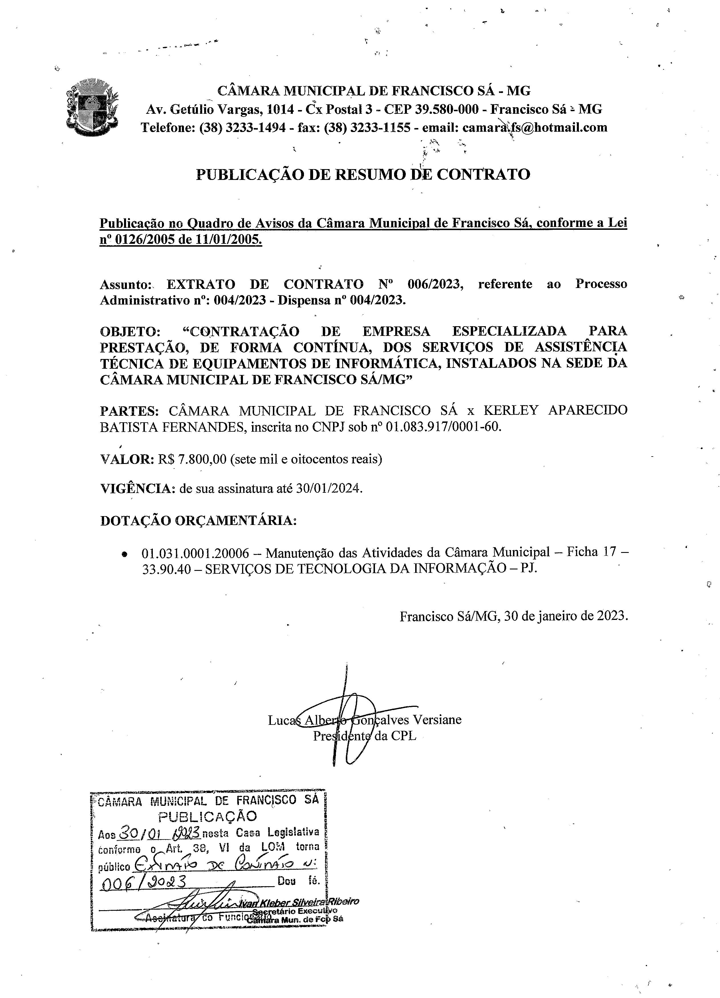 Extrato CTR N.º 006/2023 (PL 004/2023 Disp. 004/2023 - Assistência Técnica Informática)