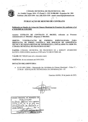 Extrato CTR N.º 006/2023 (PL 004/2023 Disp. 004/2023 - Assistência Técnica Informática)