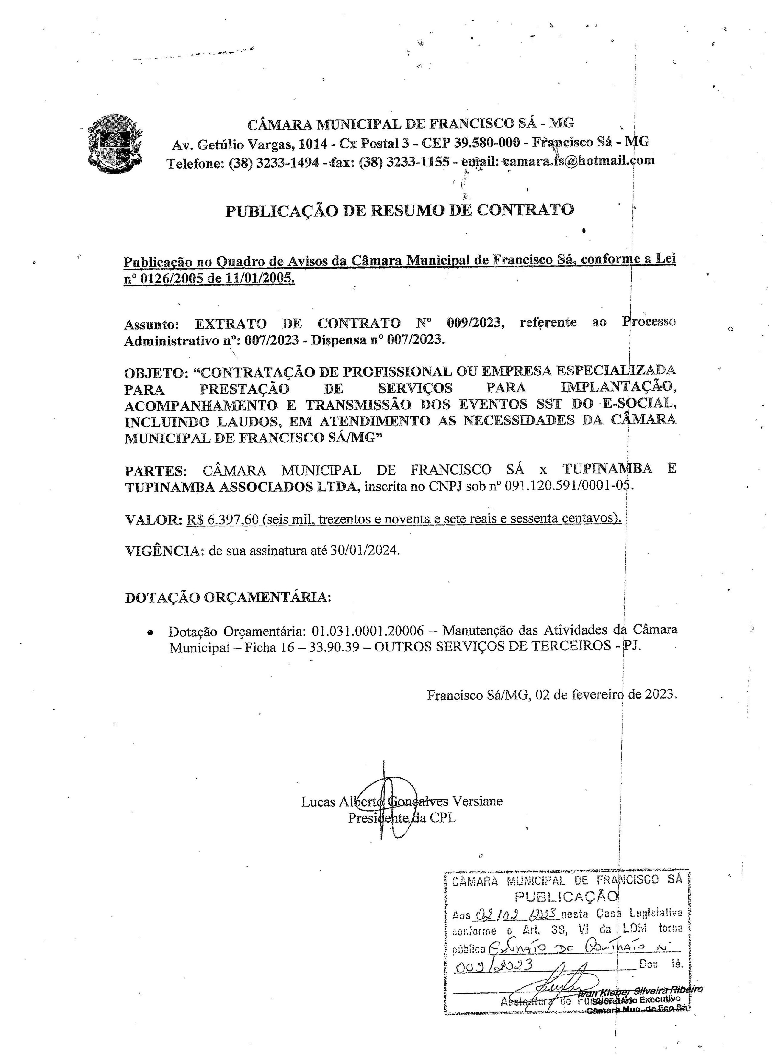 Extrato CTR N.º 009/2023 (PL 007/2023 Disp. 007/2023 - Gestão dos eventos SST do E-Social)