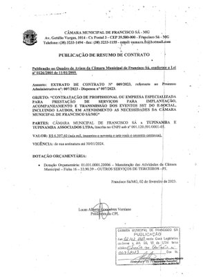 Extrato CTR N.º 009/2023 (PL 007/2023 Disp. 007/2023 - Gestão dos eventos SST do E-Social)