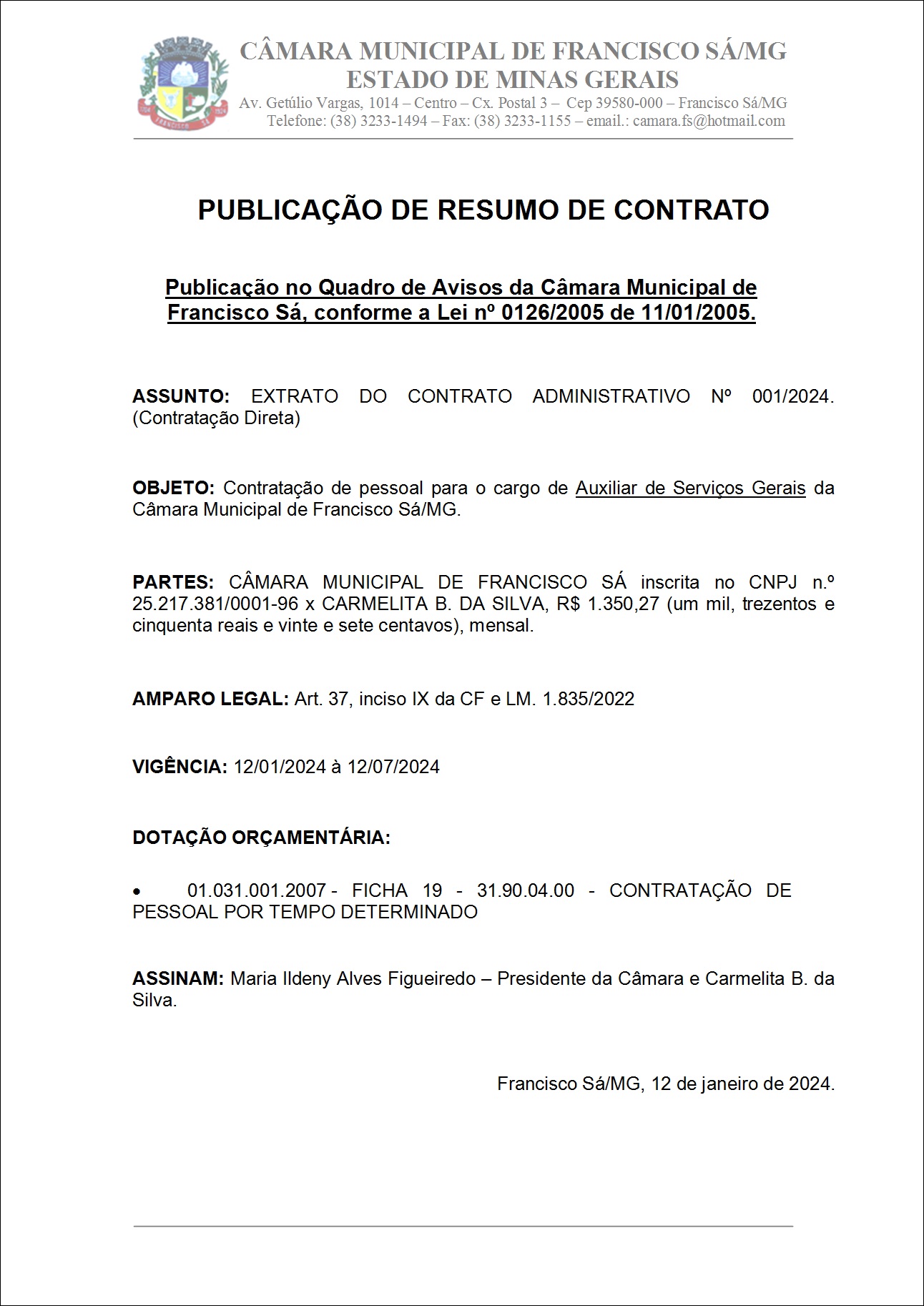 Extrato CTR ADM N.º 001/2024 (Contratação Direta - Auxiliar de Serviços Gerais)