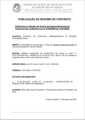 Extrato CTR ADM N.º 001/2024 (Contratação Direta - Auxiliar de Serviços Gerais)