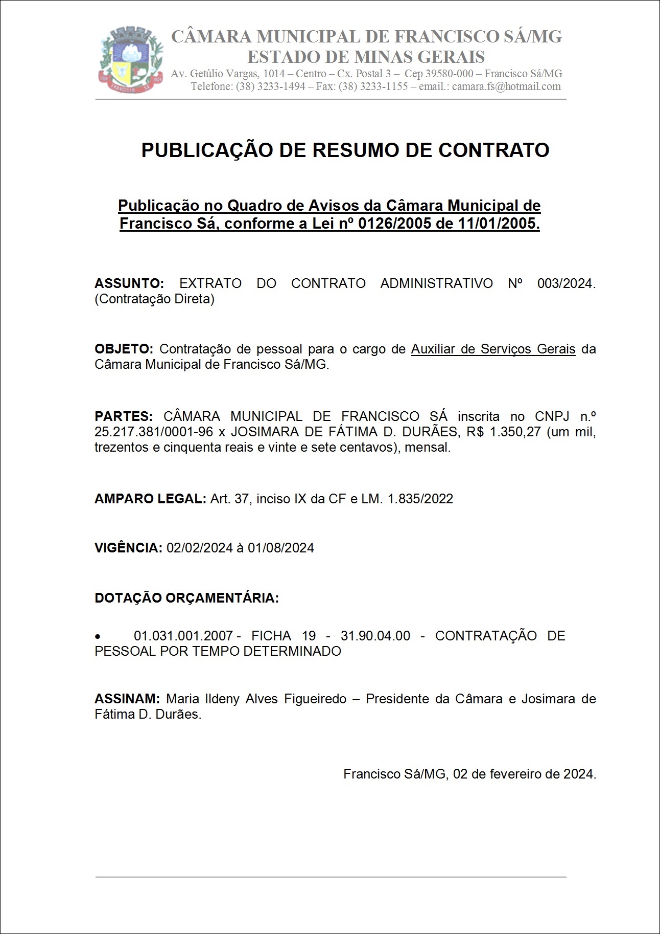 Extrato CTR ADM N.º 003/2024 (Contratação Direta - Auxiliar de Serviços Gerais)