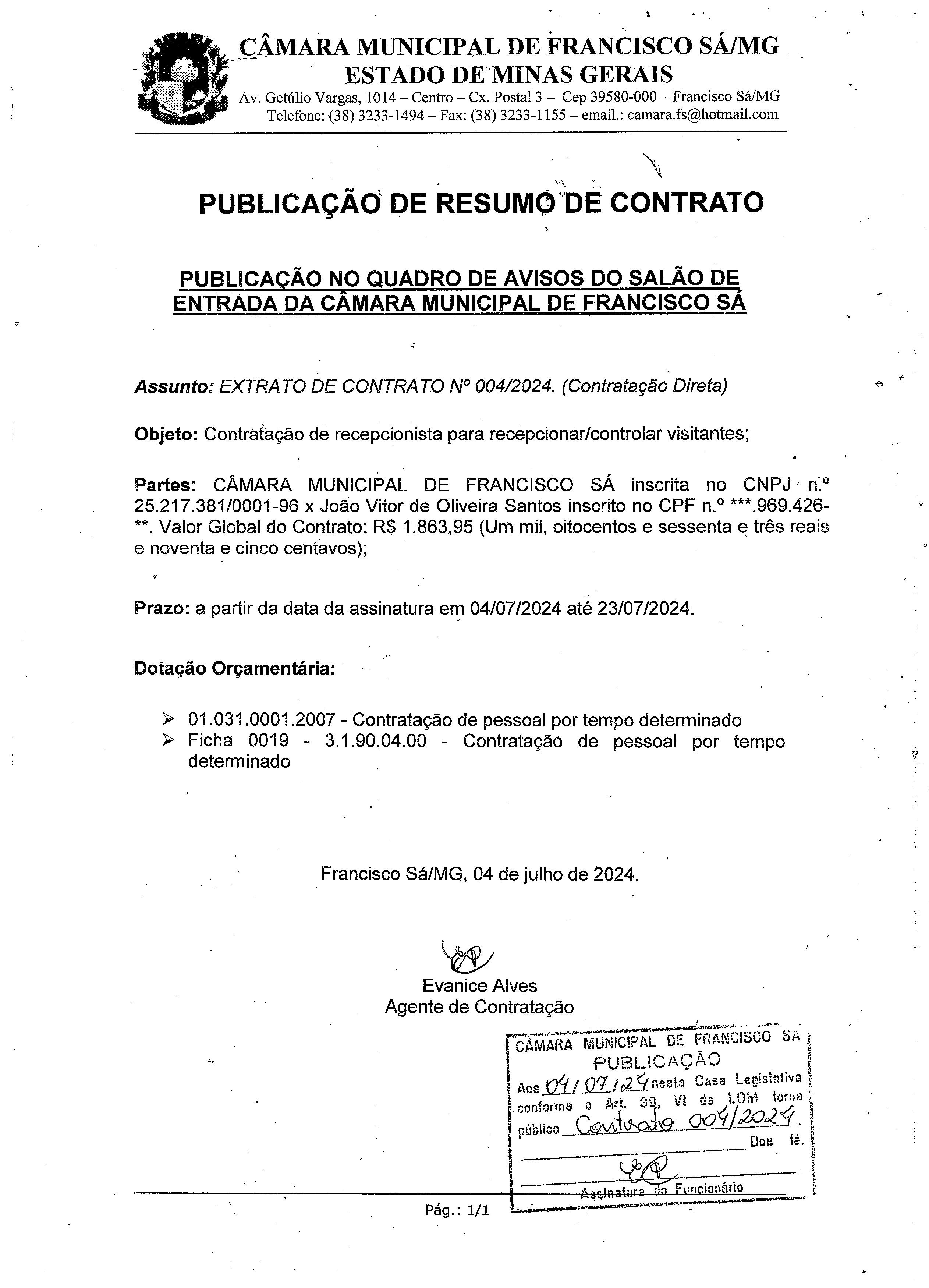 Extrato CTR ADM N.º 004/2024 (Contratação Direta - Recepcionista)