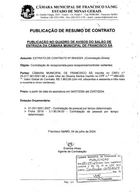 Extrato CTR ADM N.º 004/2024 (Contratação Direta - Recepcionista)