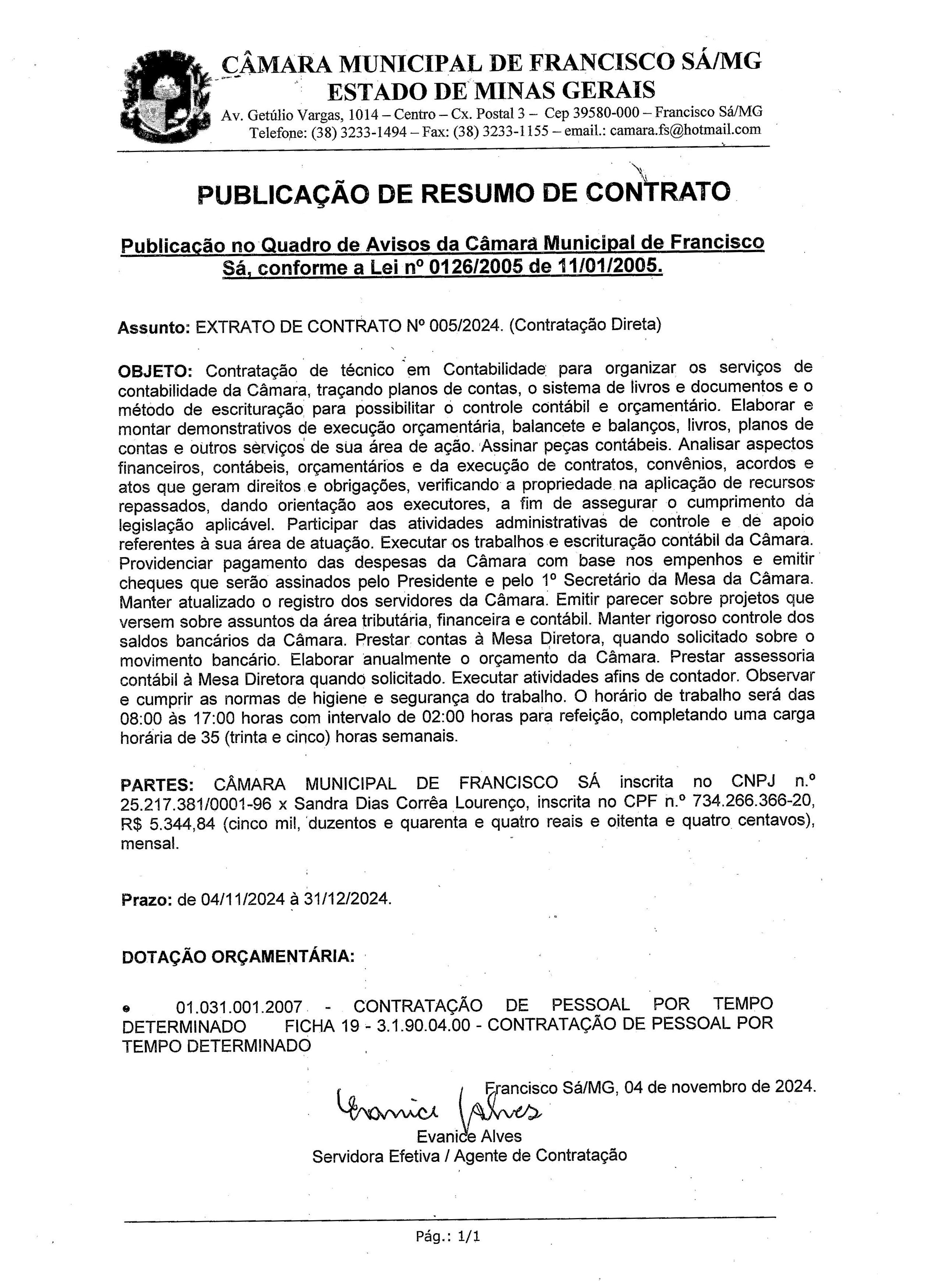 Extrato CTR ADM N.º 005/2024 (Contratação Direta – Técnico em Contabilidade)