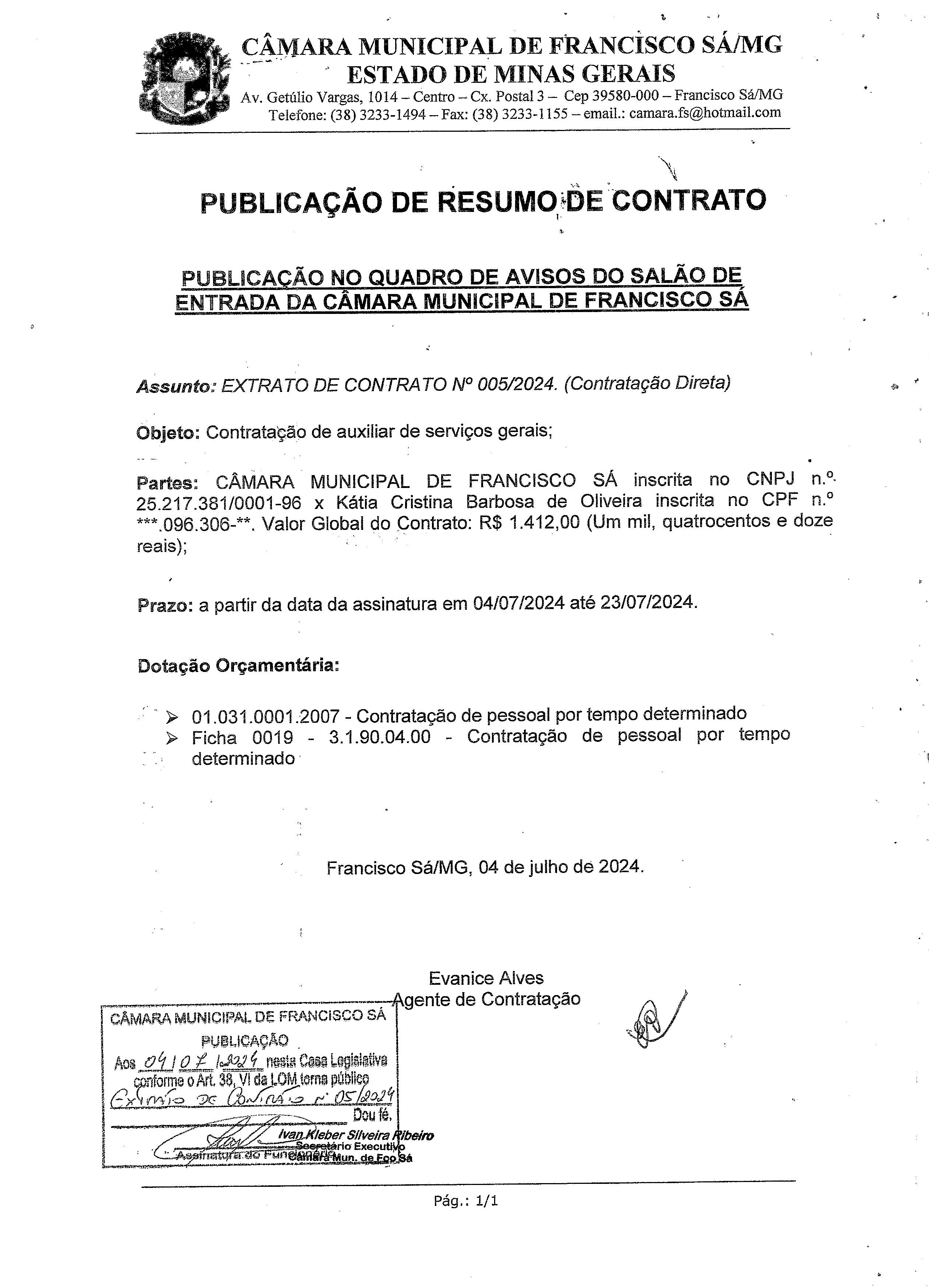 Extrato CTR ADM N.º 005/2024 (Contratação Direta - Auxiliar de Serviços Gerais)