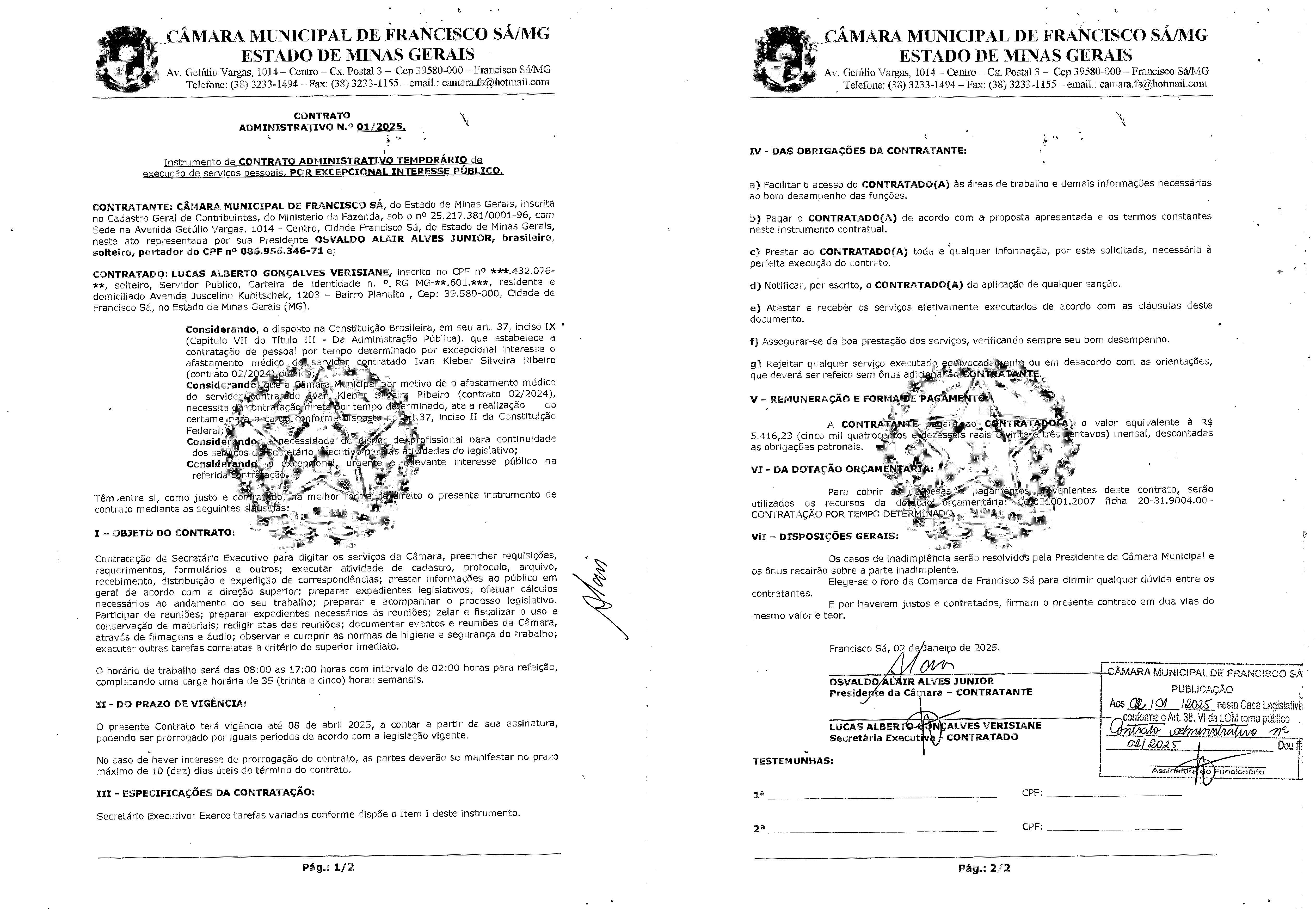 Extrato CTR ADM N.º 001/2025 (Contratação Direta – Secretário Executivo)