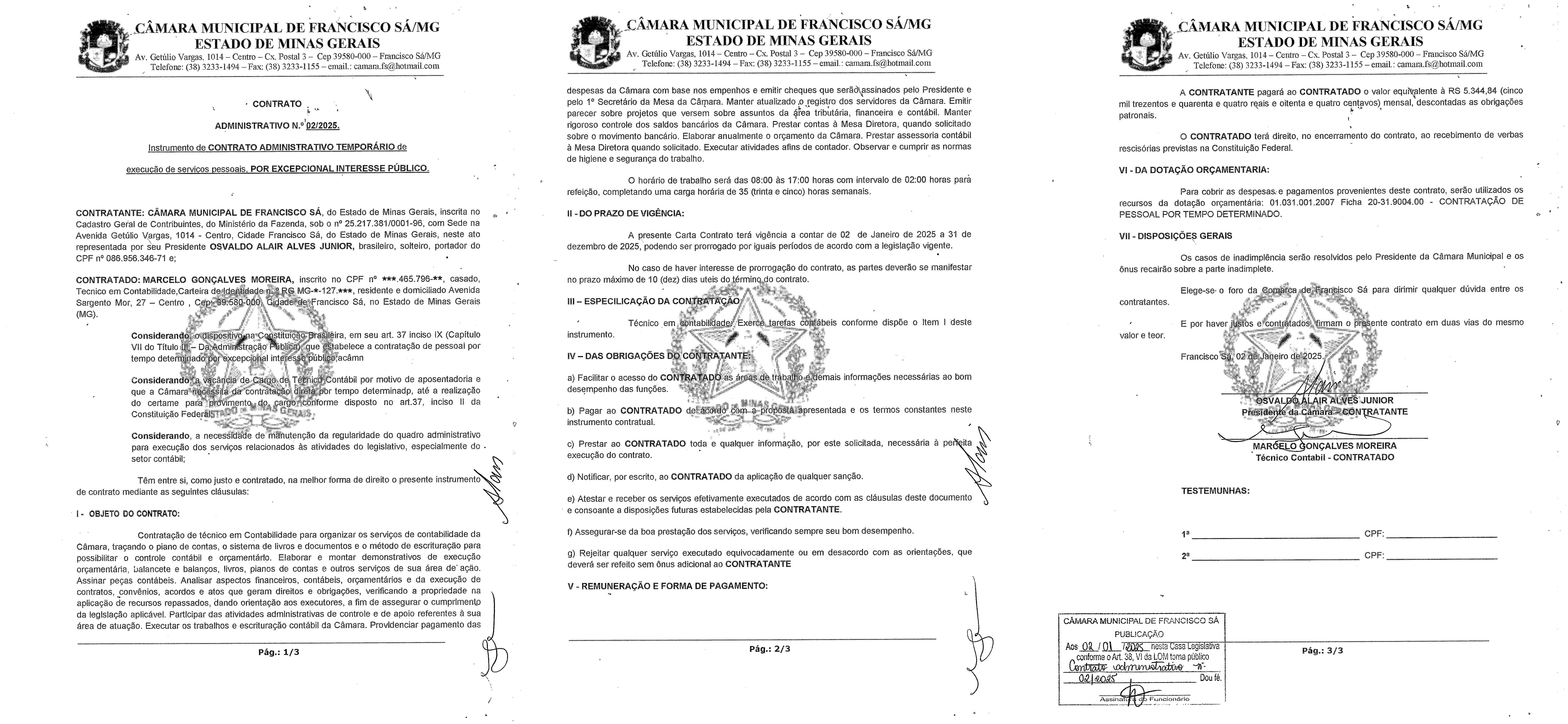 Extrato CTR ADM N.º 002/2025 (Contratação Direta – Técnico em Contabilidade)